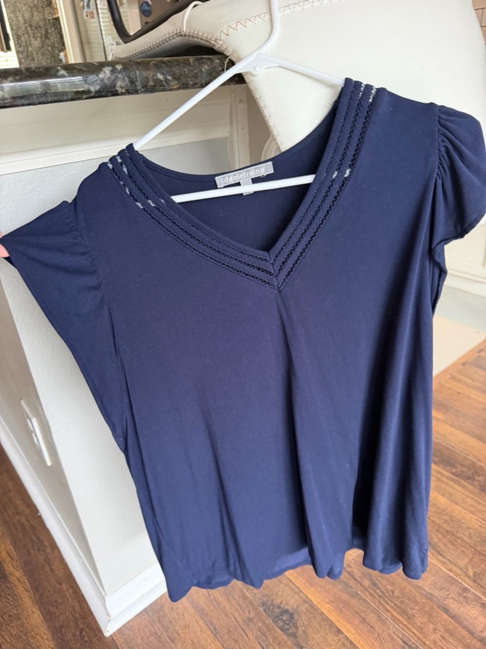 Daniel Rainn Navy V-Neck Short Sleeve Top with Ladder Trim